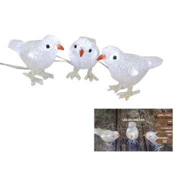 Kerstfiguur LED set 3 vogels acryl 15cm, warm wit