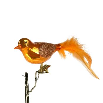 Werner Voss glazen kerst ornament - vogel op clip 9.5cm oranje 1 stuks