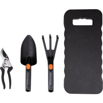 BLACK+DECKER Tuingereedschap Set – 4-delig – Inclusief snoeischaar, schep, tuinklauw en kniemat – Zwart/Oranje