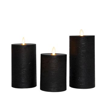 Anna's Collection LED kaars oplaadbaar flame effect rustiek set 7.5 cm zwart 3 stuks
