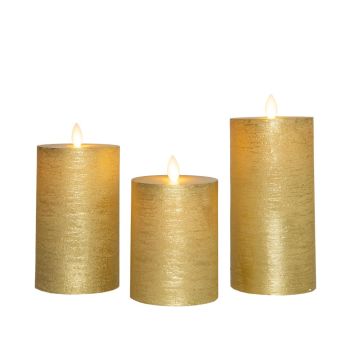 Anna's Collection LED kaars oplaadbaar flame effect rustiek set 7.5 cm goud 3 stuks
