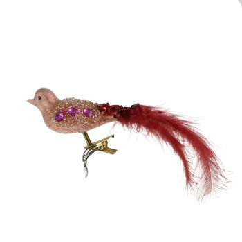 Werner Voss glazen kerst ornament - vogel op clip 8cm roze 1 stuks
