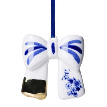 Heinen Delfts Blauw keramieken kerst ornament - strik goud 7.5cm delfts blauw 1 stuks