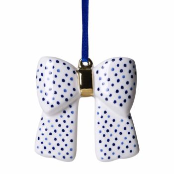 Heinen Delfts Blauw keramieken kerst ornament - strik stippen 7.5cm delfts blauw 1 stuks