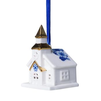 Heinen Delfts Blauw keramieken kerst ornament - kerk 8cm delfts blauw 1 stuks