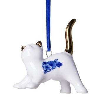 Heinen Delfts Blauw keramieken kerst ornament - kat speels 6cm delfts blauw 1 stuks