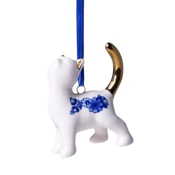 Heinen Delfts Blauw keramieken kerst ornament - kat smeken 7cm delfts blauw 1 stuks